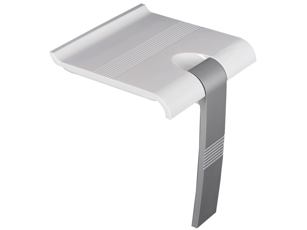 Siège de douche ARSIS, piètement époxy gris, assise ergonomique grande taille 450 mm en ABS blanc fixée sur structure aluminium époxy Ø 25 mm, fixations invisibles