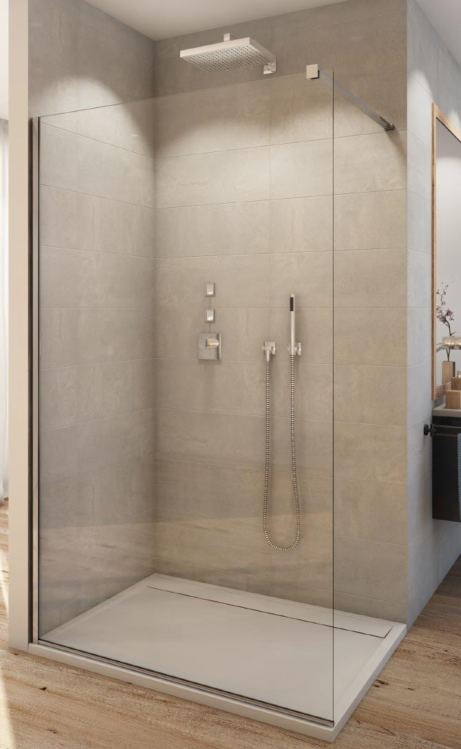 Paroi de douche fixe EASY largeur 1000 mm avec pinces murales de fixation, verre sécurit 8 mm, barre de stabilisation de 1250 mm incluse