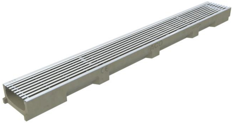 Caniveau grille designs avec grille fil inox, profil creux, acier inoxydable montée, sans pente, Long.1000 mm, H.55 mm SELF 100