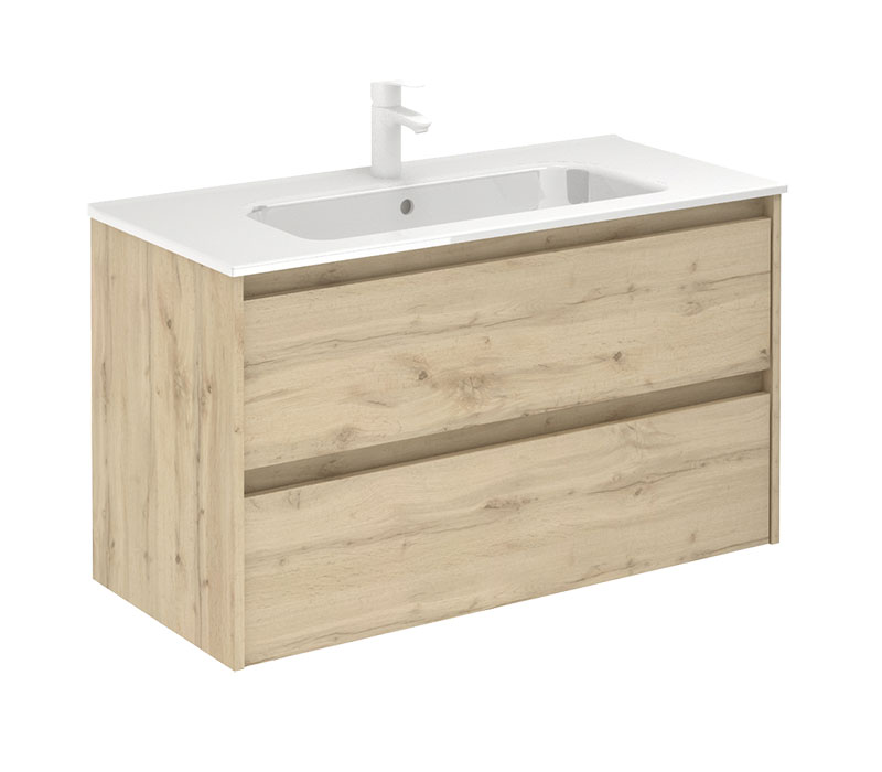 Meuble plan vasque céramique 2 tiroirs SPRING 100 cm Chêne colonial