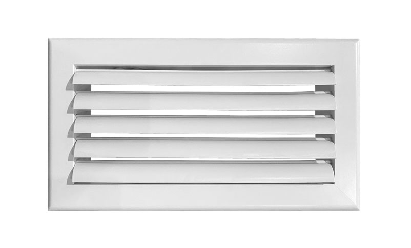 Grille de soufflage à lames courbes aluminium blanc mate.