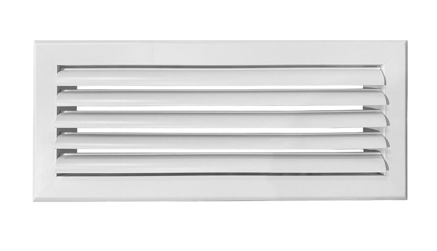 Grille de soufflage à lames courbes aluminium blanc mate.