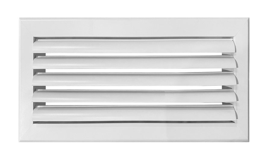 Grille de soufflage à lames courbes aluminium blanc mate.
