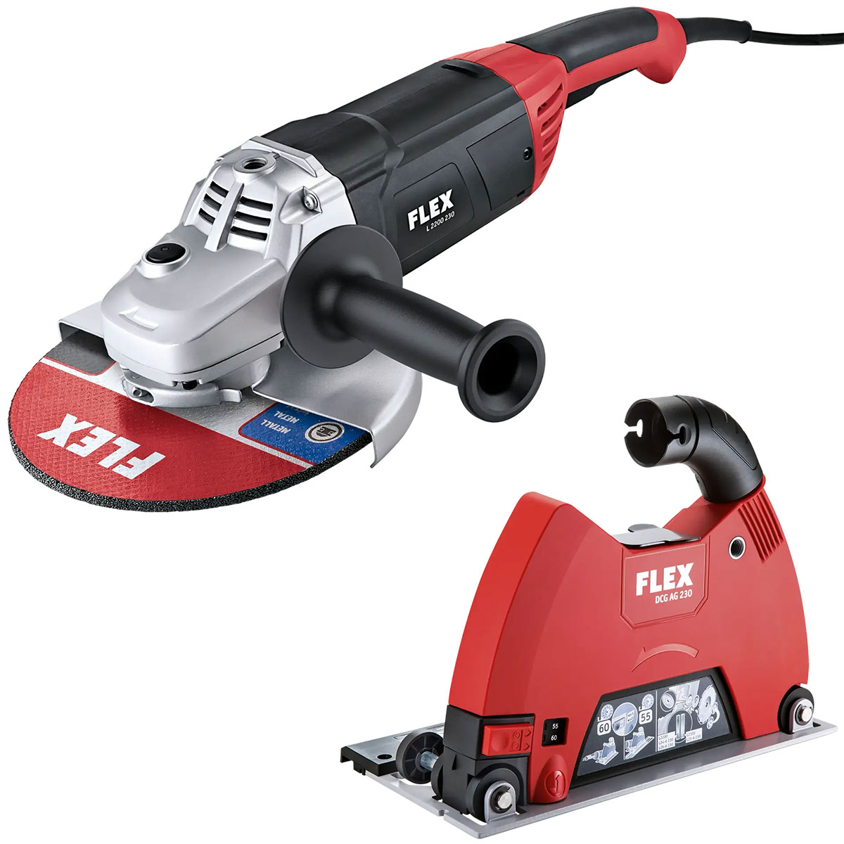 Meuleuse d’angle 2 200 W, 230 mm + carter d’aspiration pour le tronçonnage