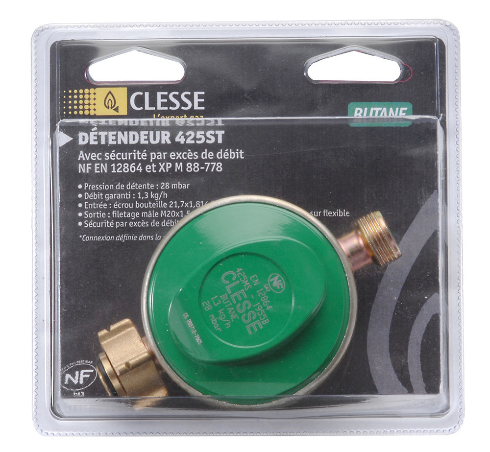 Détendeur butane à sécurité pour bouteilles sans tétine, à robinet manuel - Sous coque Détendeur butane à sécurité pour bouteilles sans tétine, à robinet manuel - Sous coque