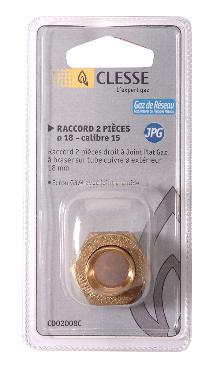 Raccord droit à joint plat gaz à braser sur cuivre calibre 12 - entrée écrou 1/2