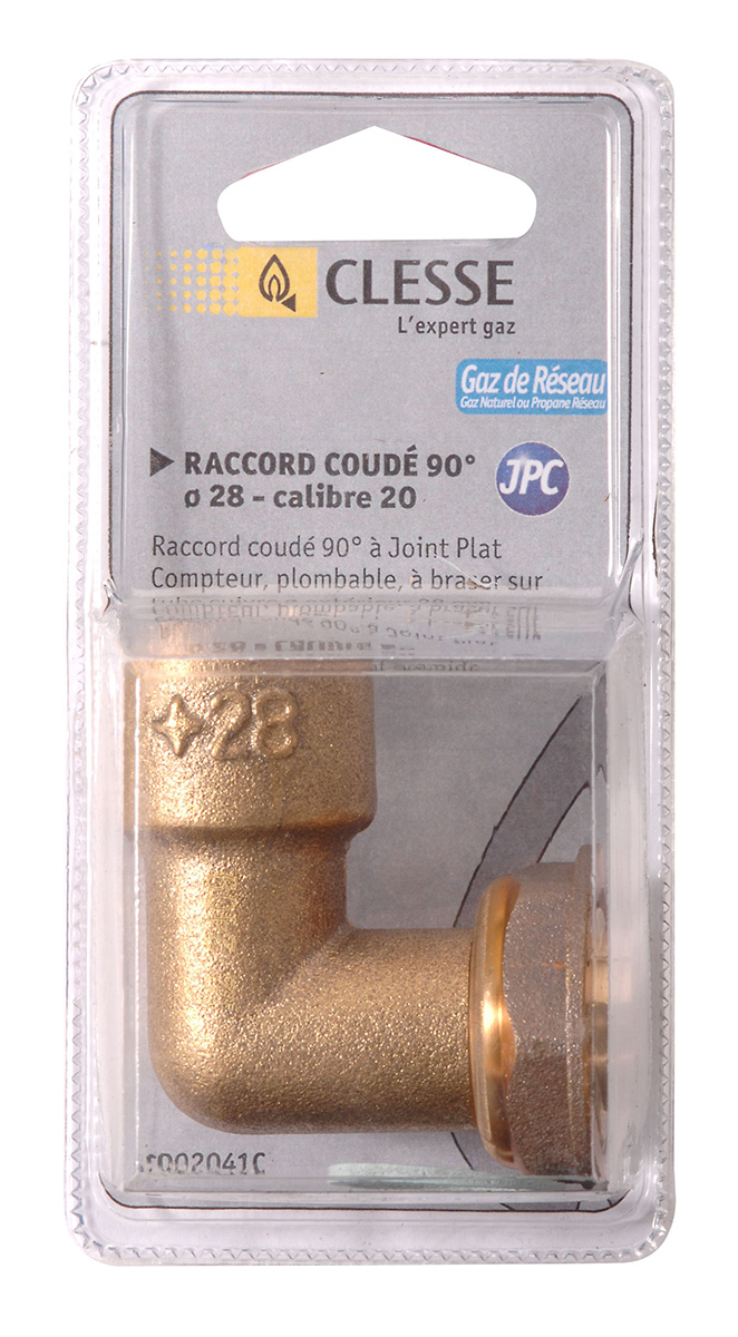 Coude 90° joint plat gaz - plombable - à braser sur cuivre Cal 20 - entrée écrou 6/20 - sortie cuivre 22